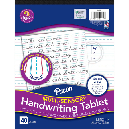 PACON Multi-Sensory Raised Ruled Tablet, 1/2 x 1/4 x 1/4in Ruled, 40 Sheets P2469